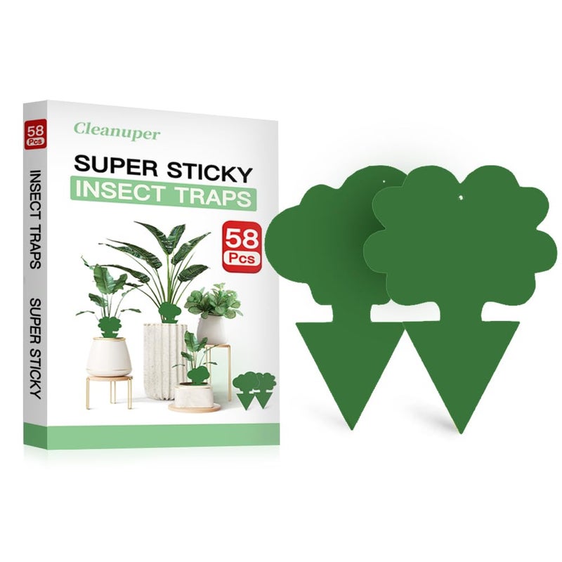 Cleanuper 58 Pack Flying Insect Traps for Plants â€“ Green Sticky Traps for Fungus Gnats, Flies & Flying Bugs, Indoor Outdoor Flying Bug Catcher for Pots, Garden & Kitchen, Non-Toxic, Odorless, Kid & Pet Safe - Image 1