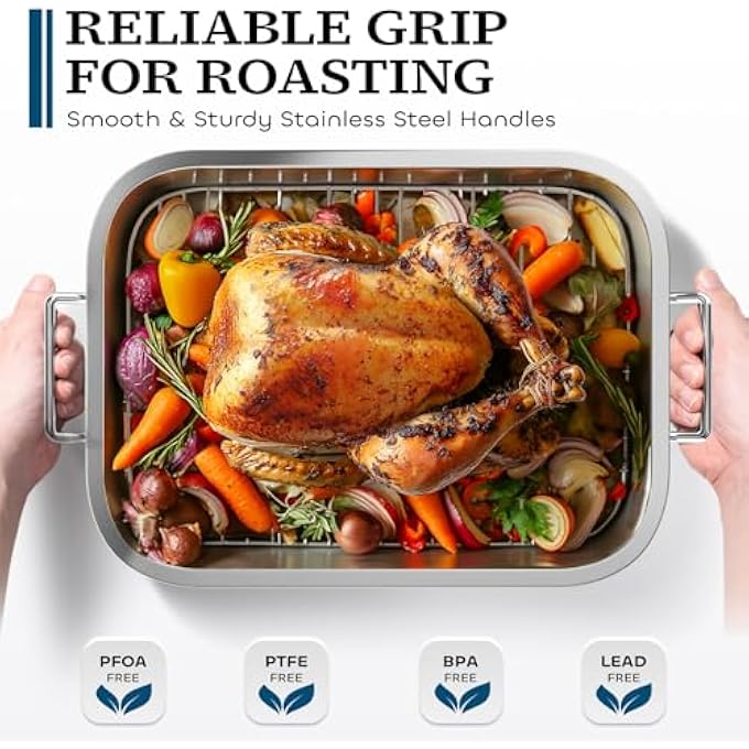 LENND Stainless Steel Roasting Pan Roaster Pan With Baking Rack Stainless Steel Cookware Lasagna Pan With Handles For KitchenLarge Grill Pan Deep Baking PansOven And Dishwasher Safe NonStick - Image 3