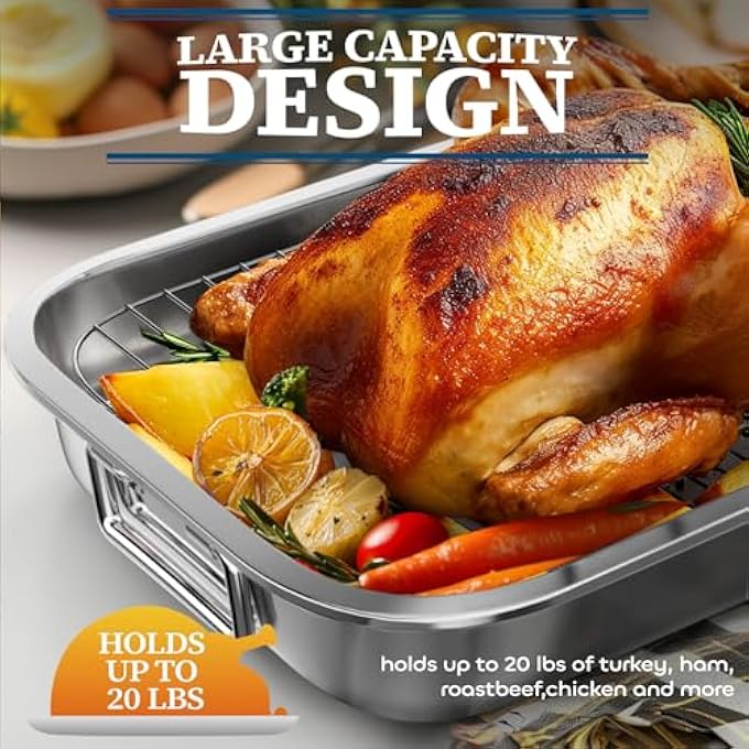 LENND Stainless Steel Roasting Pan Roaster Pan With Baking Rack Stainless Steel Cookware Lasagna Pan With Handles For KitchenLarge Grill Pan Deep Baking PansOven And Dishwasher Safe NonStick - Image 2