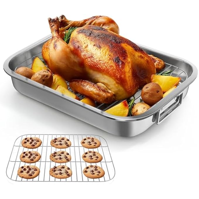 LENND Stainless Steel Roasting Pan Roaster Pan With Baking Rack Stainless Steel Cookware Lasagna Pan With Handles For KitchenLarge Grill Pan Deep Baking PansOven And Dishwasher Safe NonStick - Image 1