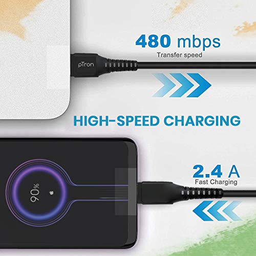 pTron USB-A to Type-C 2.4A Fast Charging Cable compatible with Android Phones/Tablets, 480mbps Data Transfer Speed, Made in India, Solero T241 Tangle-free Type-C USB Cable (Round, 1M, Black) - Image 4