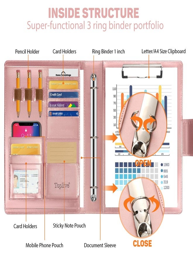 Toplive Portfolio 3 Ring Binder Padfolio Folder, Business Interview Resume Portfolio for Women Men A4/Letter Size Document Organizer with Clipboard Receipt Sleeve Card Holder, Rose Gold - Image 4