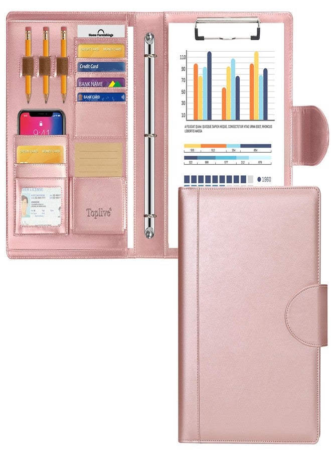 Toplive Portfolio 3 Ring Binder Padfolio Folder, Business Interview Resume Portfolio for Women Men A4/Letter Size Document Organizer with Clipboard Receipt Sleeve Card Holder, Rose Gold - Image 1