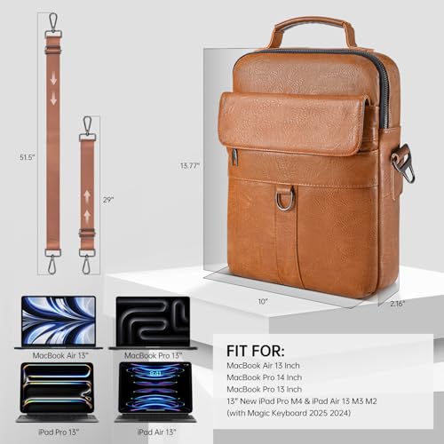 imComor 13 Inch Laptop Shoulder Bag Leather Briefcase for 2026 Macbook Neo A18, Macbook Air 13" M5 M4 M3 /Macbook Pro 14" M5 M4, iPad Air 13"/Pro 13" M5 M4, Vertical Laptop Sleeve Messenger Computer Bag,Brown - Image 3