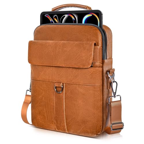 imComor 13 Inch Laptop Shoulder Bag Leather Briefcase for 2026 Macbook Neo A18, Macbook Air 13" M5 M4 M3 /Macbook Pro 14" M5 M4, iPad Air 13"/Pro 13" M5 M4, Vertical Laptop Sleeve Messenger Computer Bag,Brown - Image 1