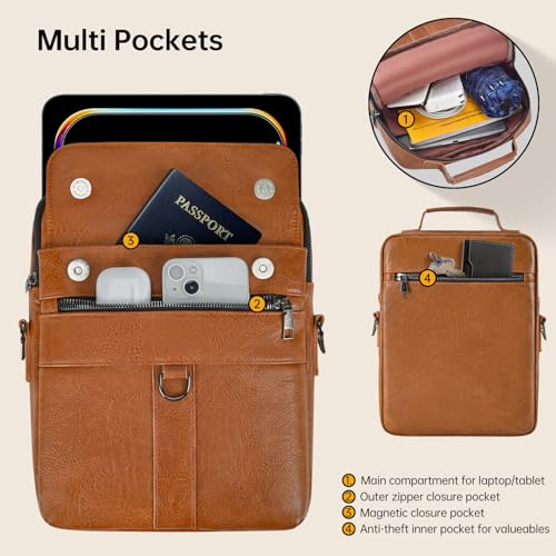 imComor 13 Inch Laptop Shoulder Bag Leather Briefcase for 2026 Macbook Neo A18, Macbook Air 13" M5 M4 M3 /Macbook Pro 14" M5 M4, iPad Air 13"/Pro 13" M5 M4, Vertical Laptop Sleeve Messenger Computer Bag,Brown - Image 4