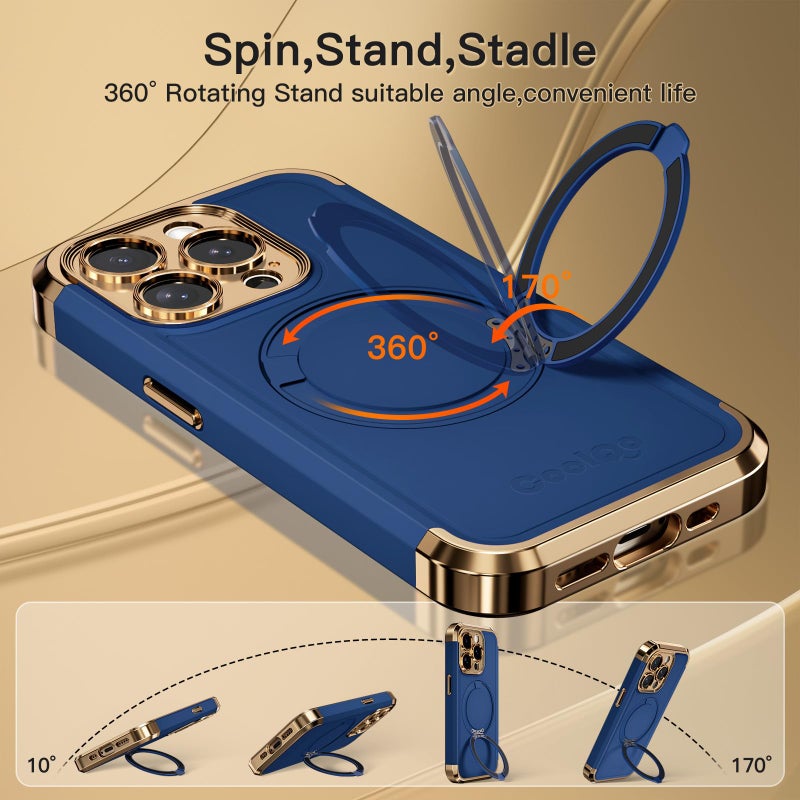 COOLQO for iPhone 15 Pro Max Case 6.7'' Upgraded 360Â° Spin Magnetic Stand [Compatible with Magsafe][Military Protection] Shockproof Protective Phone Holder Cover for iPhone 15 Pro Max, Blue Gold - Image 3