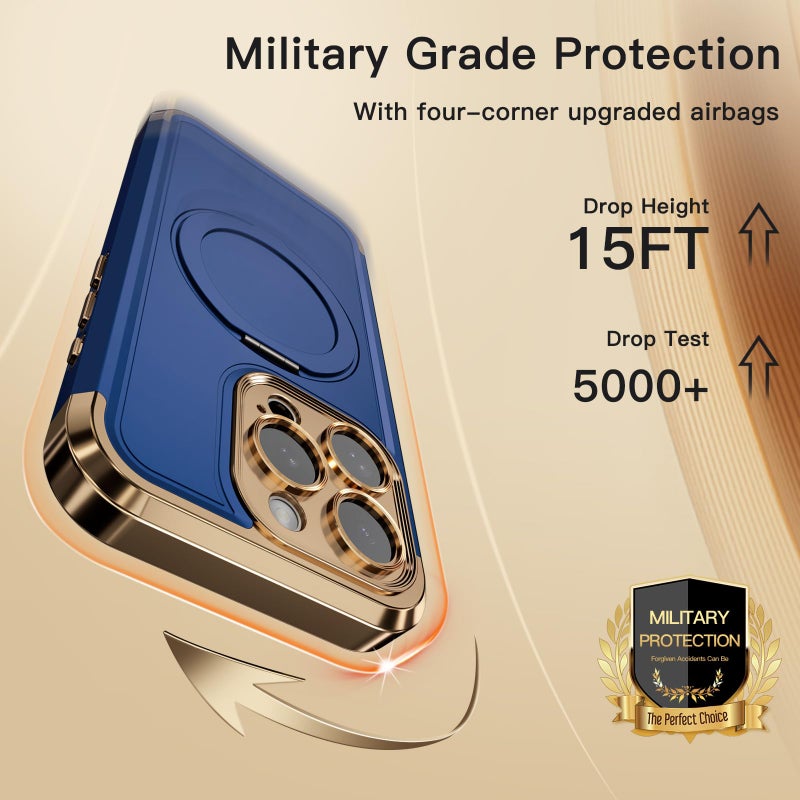 COOLQO for iPhone 15 Pro Max Case 6.7'' Upgraded 360Â° Spin Magnetic Stand [Compatible with Magsafe][Military Protection] Shockproof Protective Phone Holder Cover for iPhone 15 Pro Max, Blue Gold - Image 5