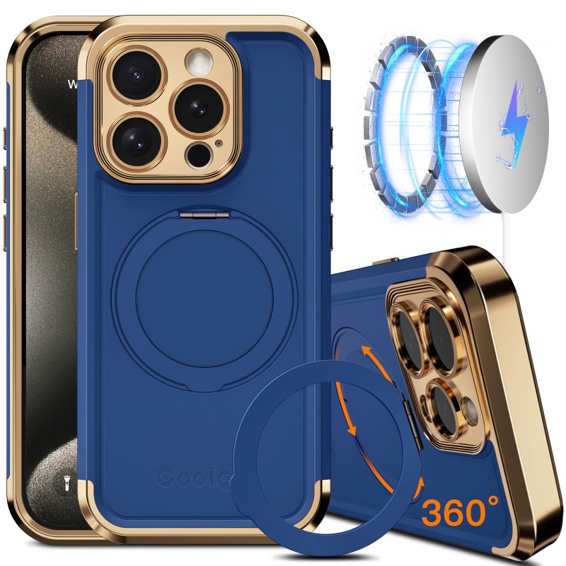 COOLQO for iPhone 15 Pro Max Case 6.7'' Upgraded 360Â° Spin Magnetic Stand [Compatible with Magsafe][Military Protection] Shockproof Protective Phone Holder Cover for iPhone 15 Pro Max, Blue Gold - Image 1