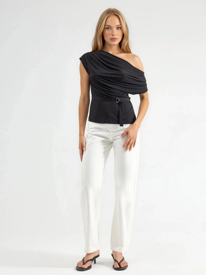 HICCUP Black Belted Asymmetrical Collar Drape Top for Women | Best Price UAE