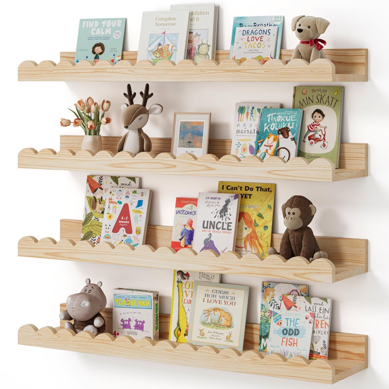 Nursery Book Shelves 4Pack Wood Floating Shelves for Wall Kids Scalloped Shelves Wall Book Shelves for Bedroom Kids Toddler Room Baby Room Nursery Decor Wood 23 Inches