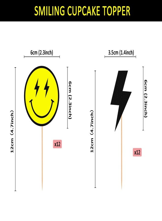 AHAORAY One Happy Dude Cupcake Topper - 24Pack Yellow Smiling Face and Black Lightning Cupcake Picks, 1st Birthday Party Cupcake Decor - Image 3