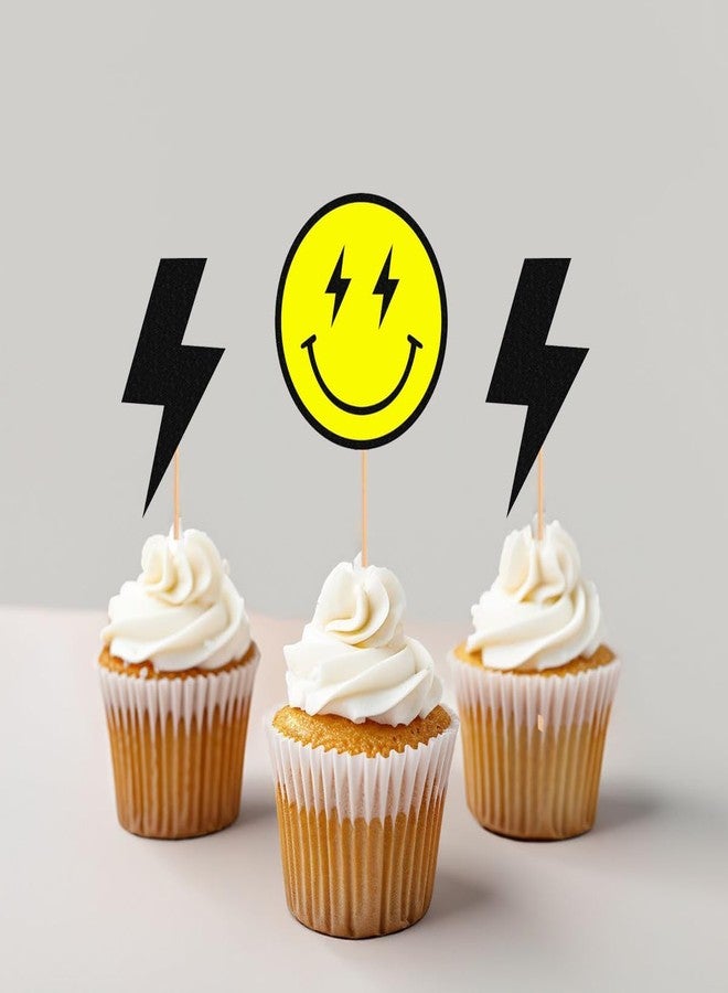 AHAORAY One Happy Dude Cupcake Topper - 24Pack Yellow Smiling Face and Black Lightning Cupcake Picks, 1st Birthday Party Cupcake Decor - Image 4