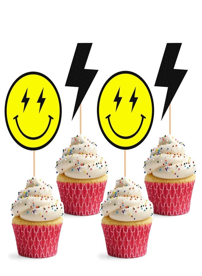 AHAORAY One Happy Dude Cupcake Topper - 24Pack Yellow Smiling Face and Black Lightning Cupcake Picks, 1st Birthday Party Cupcake Decor - Image 1