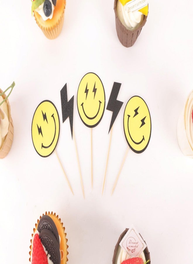 AHAORAY One Happy Dude Cupcake Topper - 24Pack Yellow Smiling Face and Black Lightning Cupcake Picks, 1st Birthday Party Cupcake Decor - Image 2