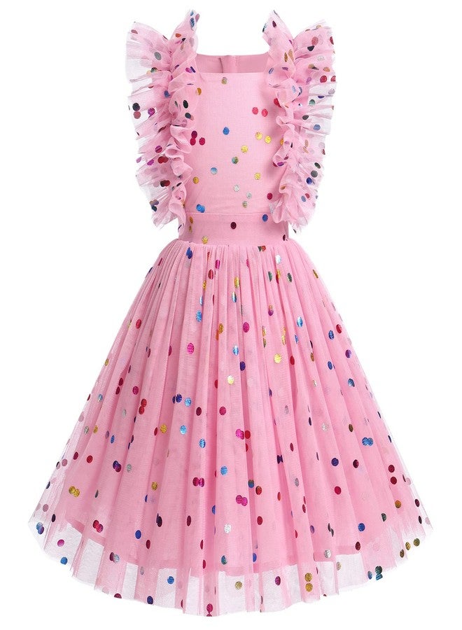 IMEKIS طقم ملابس عيد ميلاد للبنات في عيد ميلادهن الخامس أو السادس: فستان عيد ميلاد للبنات في عيد ميلادهن الخامس أو السادس، فستان أميرة بوهيمي بألوان قوس قزح، فستان حفلات، تنورة توتو قصيرة للأطفال، فستان وردي فاتح مزين بالقصاصات الورقية، مقاس 5-6 سنوات - Image 1