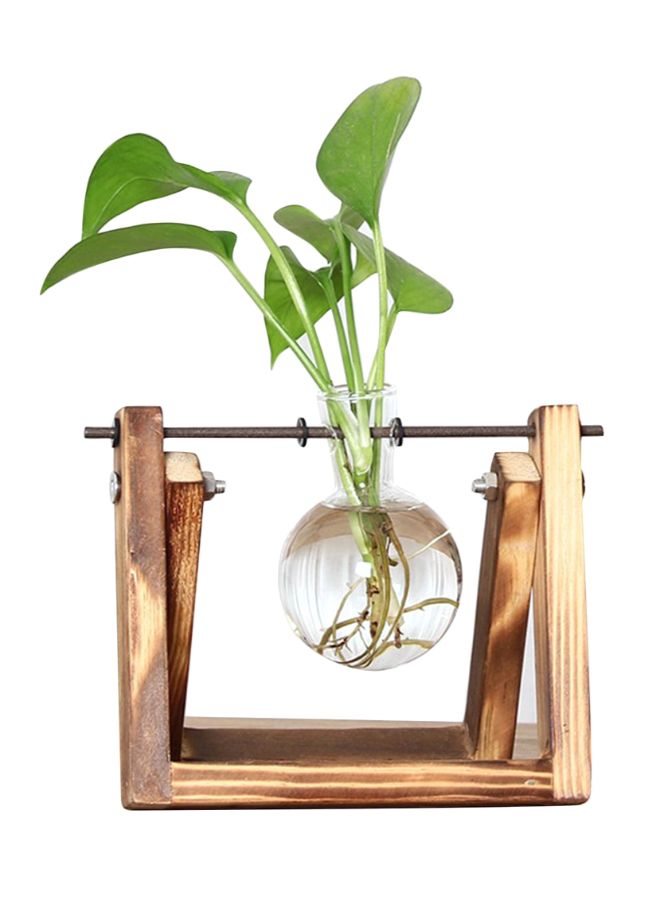 NIBEMINENT Glass Planter Bulb Vase with Retro Solid Wooden Stand and Metal Swivel Holder Clear/Brown - Image 1