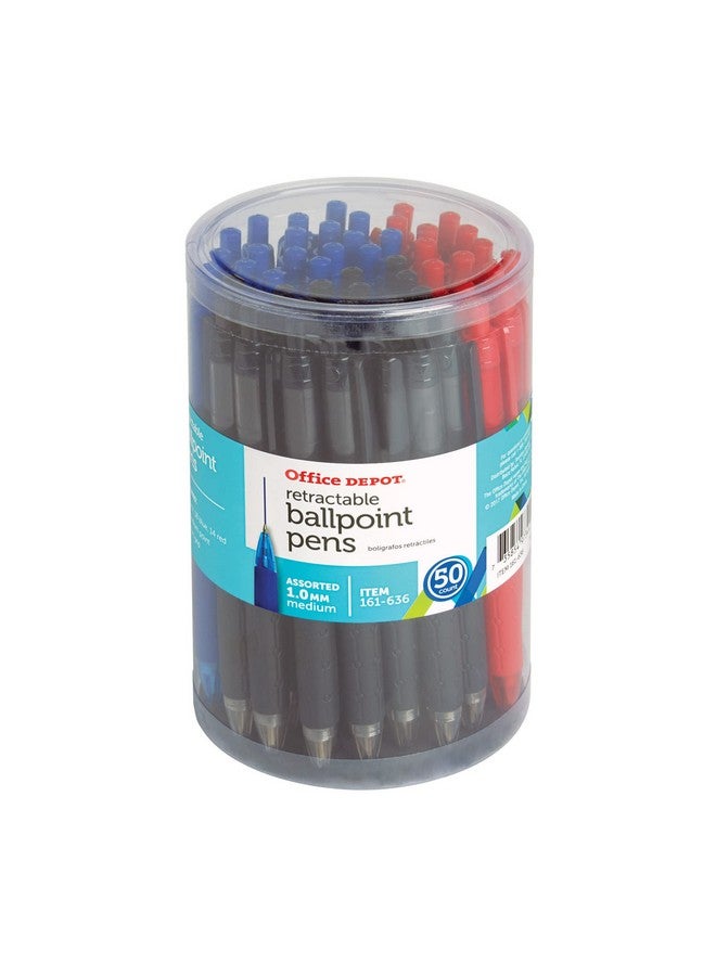 Office Depot ® Retractable Ballpoint Pens With Grips, Medium Point, 1.0 Mm, Black/Blue/Red Barrels, Black/Blue/Red Inks, Pack Of 50 - Image 1