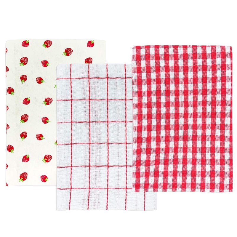 Wrapables 100 Cotton Kitchen Dish Towels Set of 3 Red Strawberries