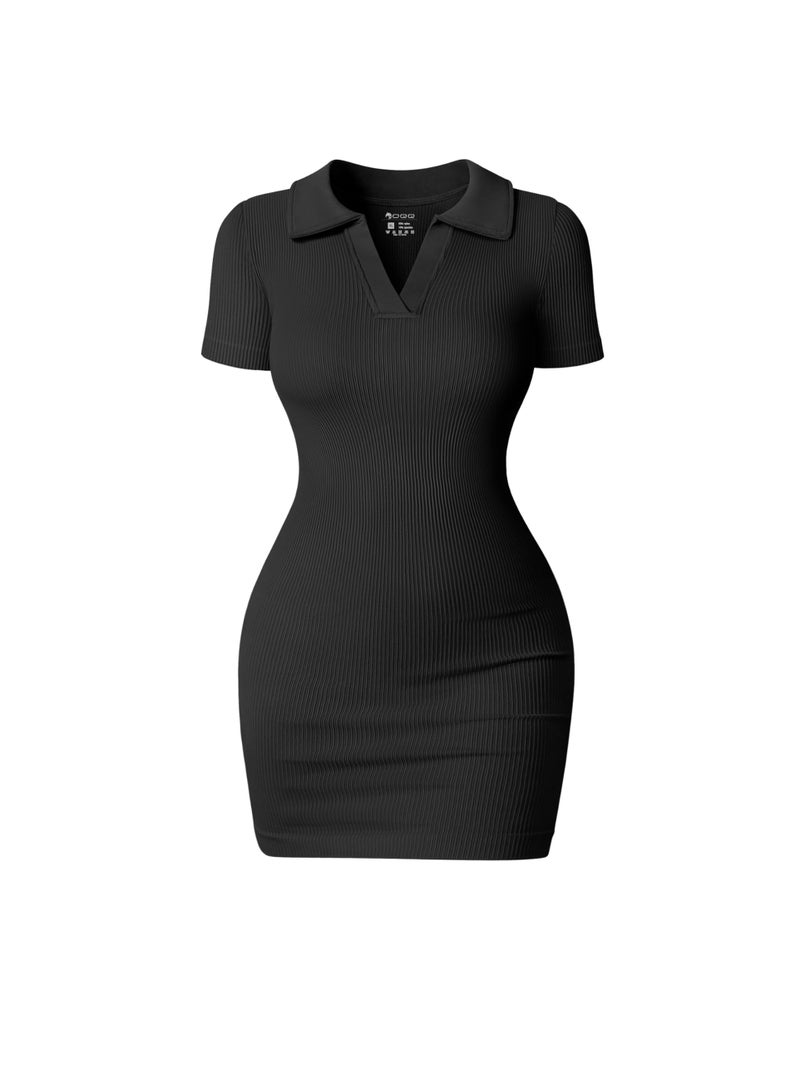 OQQ Women's Mini Dresses Sexy Ribbed Short Sleeve Tummy Control Bodycon Mini Dress Black - Image 1