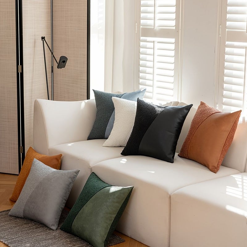 Modern Nordic Rust Red Circle Lumbar Pillow Faux Leather Splicing Decorative Headboard Support - Image 2