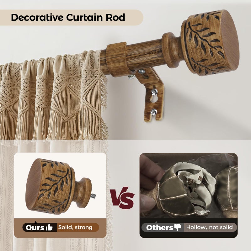Time Forest Boho Wood Curtain Rods for Windows 48 to 84 Inch, 1" Adjustable Heavy Duty Curtain Rod with Imitation Wooden Grain Leaf Pattern Finials, Rustic Decorative Drapery Rods, Size 32"-90", Dark Wood - Image 5