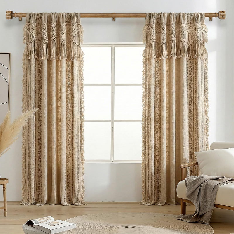 Time Forest Boho Wood Curtain Rods for Windows 48 to 84 Inch, 1" Adjustable Heavy Duty Curtain Rod with Imitation Wooden Grain Leaf Pattern Finials, Rustic Decorative Drapery Rods, Size 32"-90", Dark Wood - Image 2