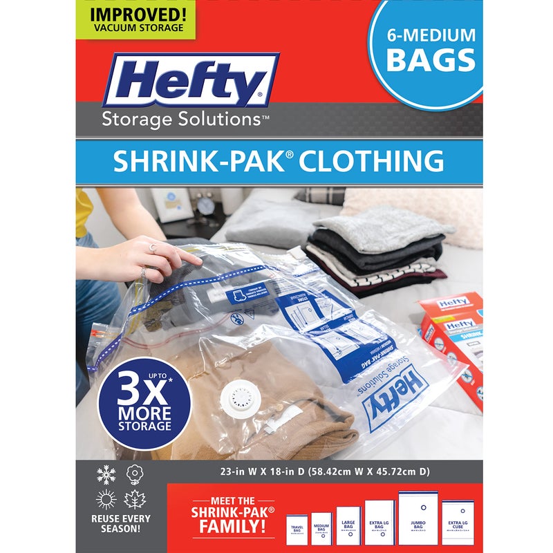 Hefty ShrinkPak Vacuum Storage Bags  Space Saver for Under Bed Storage Clothing and Comforters 3X More Storage Space 6 Medium Zipper Bags