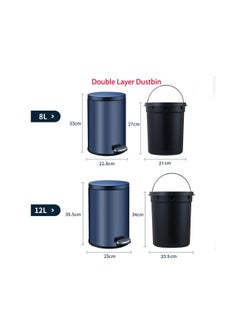 Generic Stainless Steel Double Layer Dustbin with Pedal and Lid For Bathroom Kitchen,Silent Lidded Trash Bin,Fingerprint-Proof Modern Garbage Can,Round Bucket with Handle for Home Office (Grey, 12L)  - Image 3