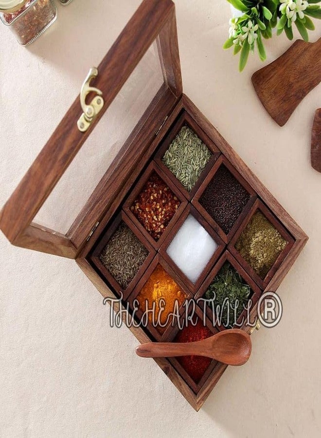 THEHEARTWILL® Spice Box with 2 Spoon (Sheesham Wood) Spice Box for Kitchen/Masala Box for Kitchen/Masala Wooden Box for Kitchen/Decorative Handmade Masala Dabba Organizer 9 Containers. Brown T219 - Image 5