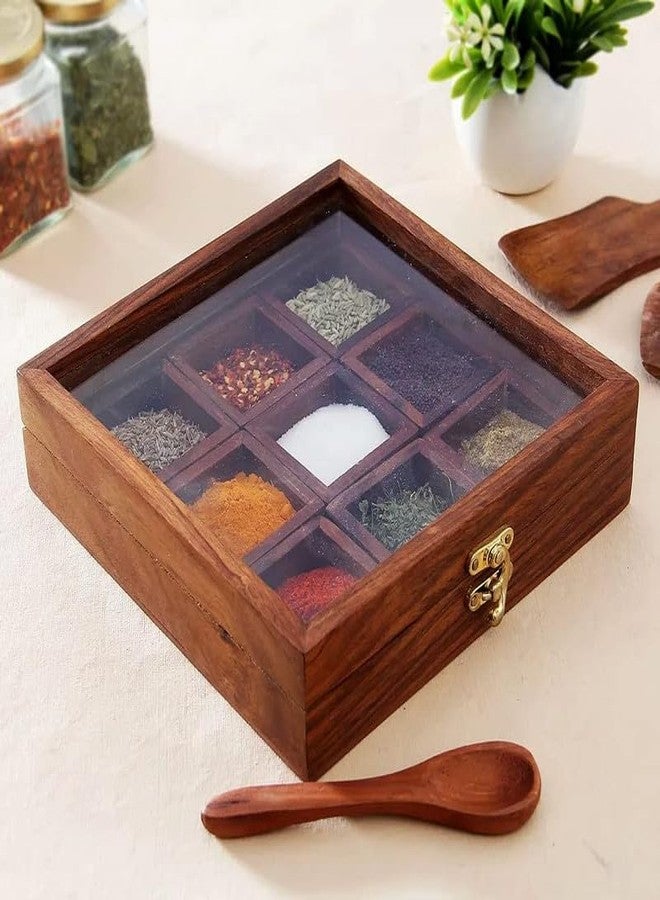 THEHEARTWILL® Spice Box with 2 Spoon (Sheesham Wood) Spice Box for Kitchen/Masala Box for Kitchen/Masala Wooden Box for Kitchen/Decorative Handmade Masala Dabba Organizer 9 Containers. Brown T219 - Image 1