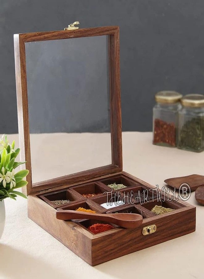 THEHEARTWILL® Spice Box with 2 Spoon (Sheesham Wood) Spice Box for Kitchen/Masala Box for Kitchen/Masala Wooden Box for Kitchen/Decorative Handmade Masala Dabba Organizer 9 Containers. Brown T219 - Image 3