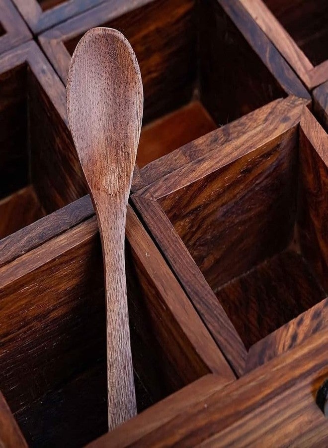 THEHEARTWILL® Spice Box with 2 Spoon (Sheesham Wood) Spice Box for Kitchen/Masala Box for Kitchen/Masala Wooden Box for Kitchen/Decorative Handmade Masala Dabba Organizer 9 Containers. Brown T219 - Image 4