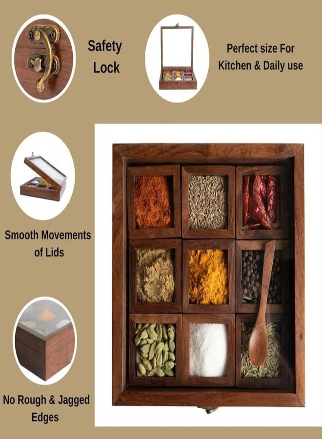 THEHEARTWILL® Spice Box with 2 Spoon (Sheesham Wood) Spice Box for Kitchen/Masala Box for Kitchen/Masala Wooden Box for Kitchen/Decorative Handmade Masala Dabba Organizer 9 Containers. Brown T219 - Image 2