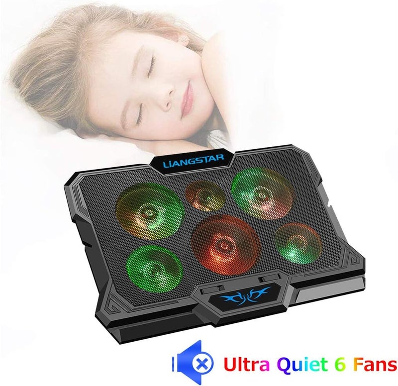 وسادة تبريد اللابتوب، مبرد اللابتوب مع 6 مراوح هادئة وإضاءة RGB بألوان متعددة للابتوب مقاس 15.6-17 بوصة، حامل مروحة تبريد اللابتوب، وسادة تبريد محمولة رفيعة تعمل بالطاقة عبر USB لألعاب اللابتوب، تحكم بمفتاح لسرعة المروحة (أسود) - Image 2