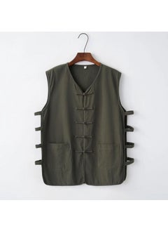 Generic Summer Cotton Linen Vest Chinese Style Mens Plus Size Tank Army Green 