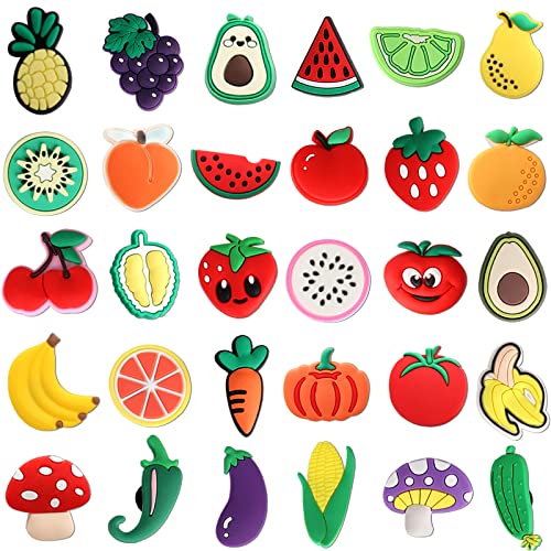 mortd Fruits Shoe Decoration Charms, 30PCS Fruit Vegetables Theme Charms for Shoe Wristband, Cherry Pineapple Eggplant Pepper Shoe Charms for Party Favors Birthday Gifts - Image 1