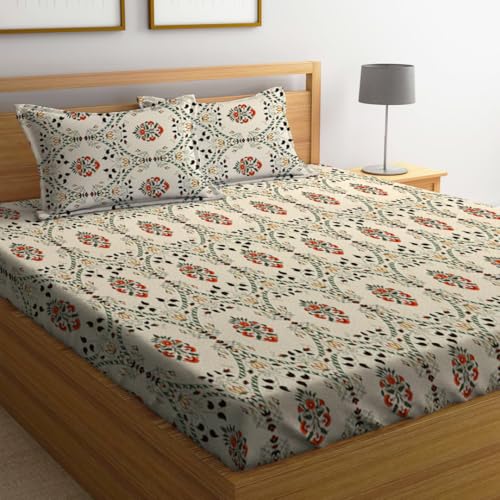 LOOMLYFE 300 TC Cotton Feel Glace Cotton Elastic Fitted Printed King Size Double Bed Bedsheet with 2 Pillow Covers Fits Upto 8 inches Mattress, Size- 72X78 Inches, BeigeJaipuri - Image 1