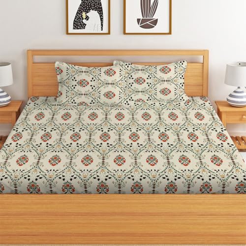 LOOMLYFE 300 TC Cotton Feel Glace Cotton Elastic Fitted Printed King Size Double Bed Bedsheet with 2 Pillow Covers Fits Upto 8 inches Mattress, Size- 72X78 Inches, BeigeJaipuri - Image 2