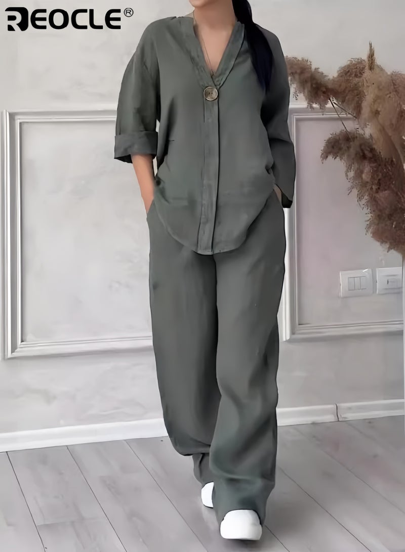 ريوكل طقم نسائي كاجوال من قطعتين بلوزة مريحة فضفاضة وسراويل واسعة طقم من الكتان والقطن للارتداء اليومي مقاس كبير وواسع للنساء - Image 1