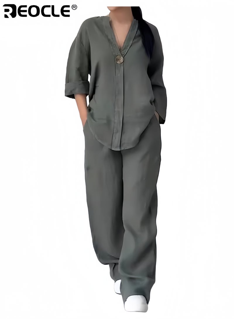 ريوكل طقم نسائي كاجوال من قطعتين بلوزة مريحة فضفاضة وسراويل واسعة طقم من الكتان والقطن للارتداء اليومي مقاس كبير وواسع للنساء - Image 2