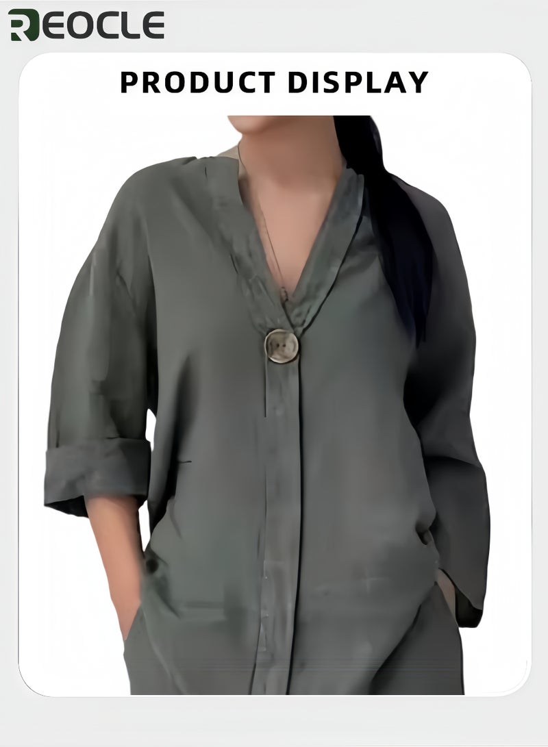 ريوكل طقم نسائي كاجوال من قطعتين بلوزة مريحة فضفاضة وسراويل واسعة طقم من الكتان والقطن للارتداء اليومي مقاس كبير وواسع للنساء - Image 3