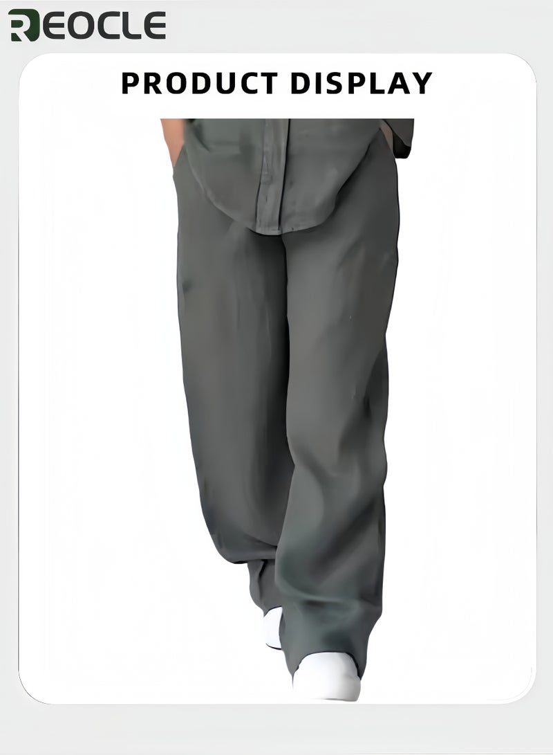 ريوكل طقم نسائي كاجوال من قطعتين بلوزة مريحة فضفاضة وسراويل واسعة طقم من الكتان والقطن للارتداء اليومي مقاس كبير وواسع للنساء - Image 4