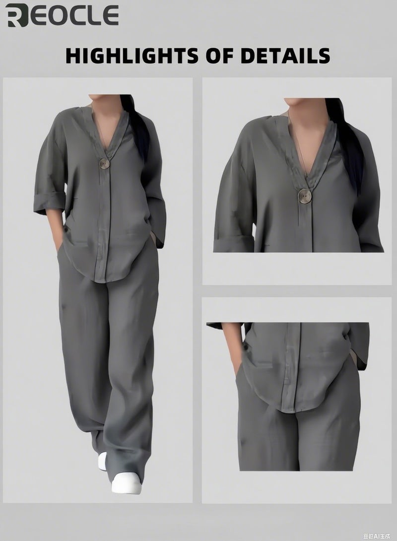 ريوكل طقم نسائي كاجوال من قطعتين بلوزة مريحة فضفاضة وسراويل واسعة طقم من الكتان والقطن للارتداء اليومي مقاس كبير وواسع للنساء - Image 5