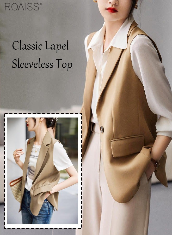 roaiss Women'S Fashion Casual Blazer Vest Classic V-Shaped Lapel Sleeveless Design Side Flap Pockets With Button Closure  - Image 2