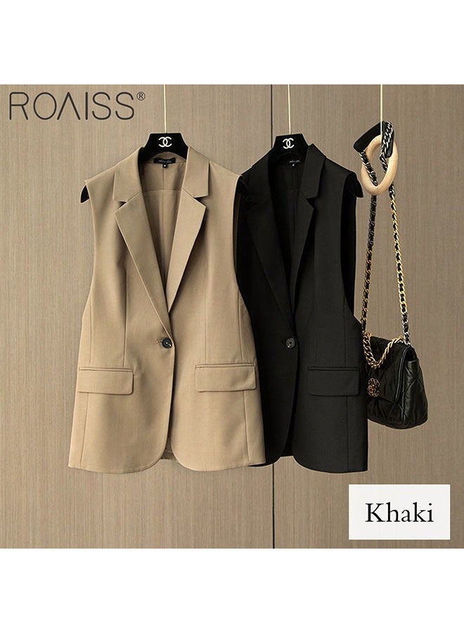 roaiss Women'S Fashion Casual Blazer Vest Classic V-Shaped Lapel Sleeveless Design Side Flap Pockets With Button Closure  - Image 3