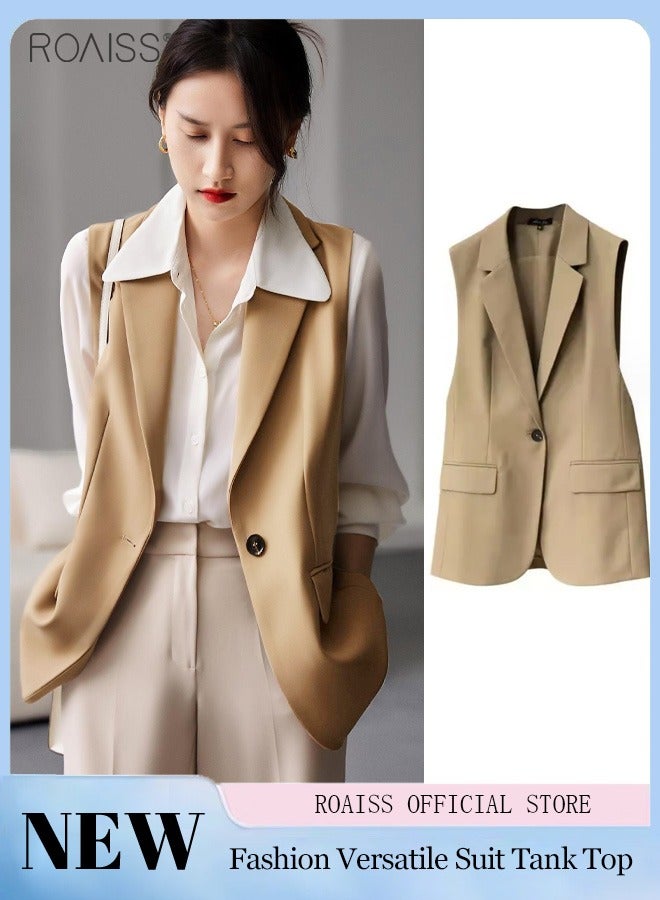 roaiss Women'S Fashion Casual Blazer Vest Classic V-Shaped Lapel Sleeveless Design Side Flap Pockets With Button Closure  - Image 1