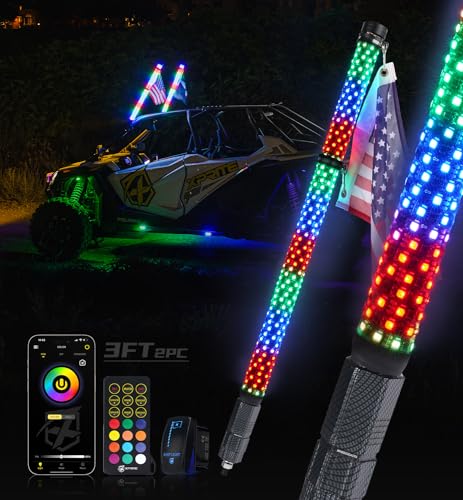 Xprite 2PCS 3FT RGBW Fat Whip Lights LED Whip Lights with App Remote Control Spiral Whips Light for Side by Side with StopSignalReverse Function Compatible with UTV ATV Polaris RZR SXS CanAm - Image 1
