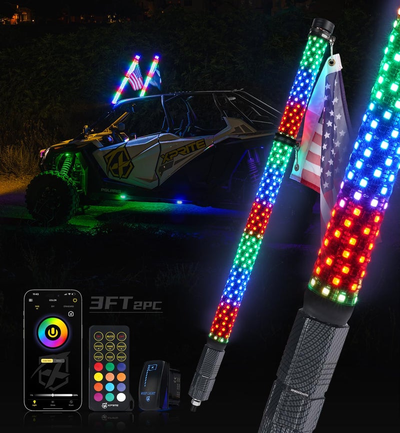 Xprite 2PCS 3FT RGBW Fat Whip Lights LED Whip Lights with App Remote Control Spiral Whips Light for Side by Side with StopSignalReverse Function Compatible with UTV ATV Polaris RZR SXS CanAm - Image 2