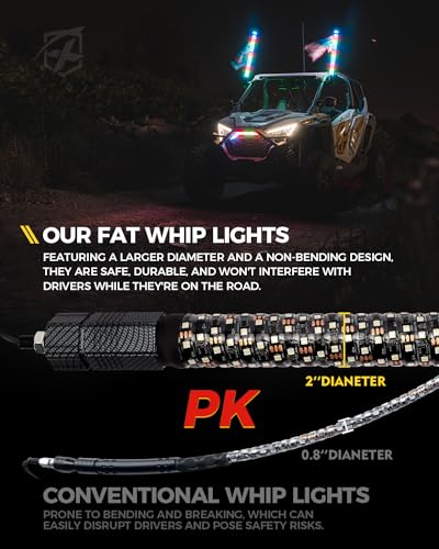 Xprite 2PCS 3FT RGBW Fat Whip Lights LED Whip Lights with App Remote Control Spiral Whips Light for Side by Side with StopSignalReverse Function Compatible with UTV ATV Polaris RZR SXS CanAm - Image 3